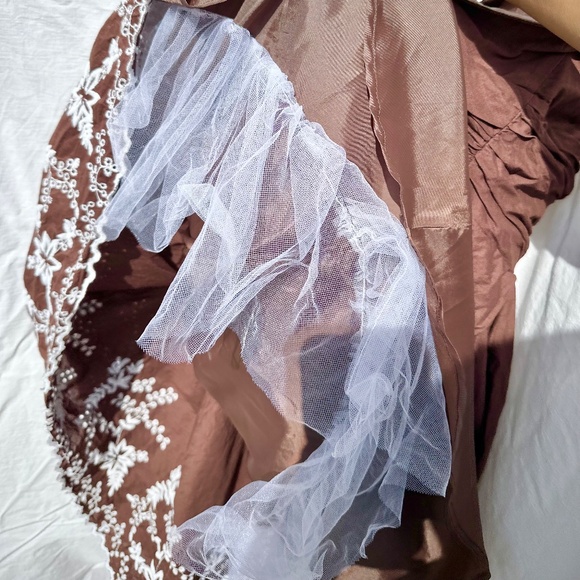 Vintage Brown 100% Cotton Midi Halter Dress w White Eyelet Lace Embroidered - Picture 5 of 5